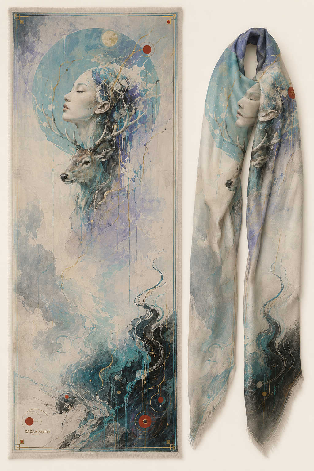 Long cashmere-modal stole design with woman, deer, sky circle and flowing teal marks