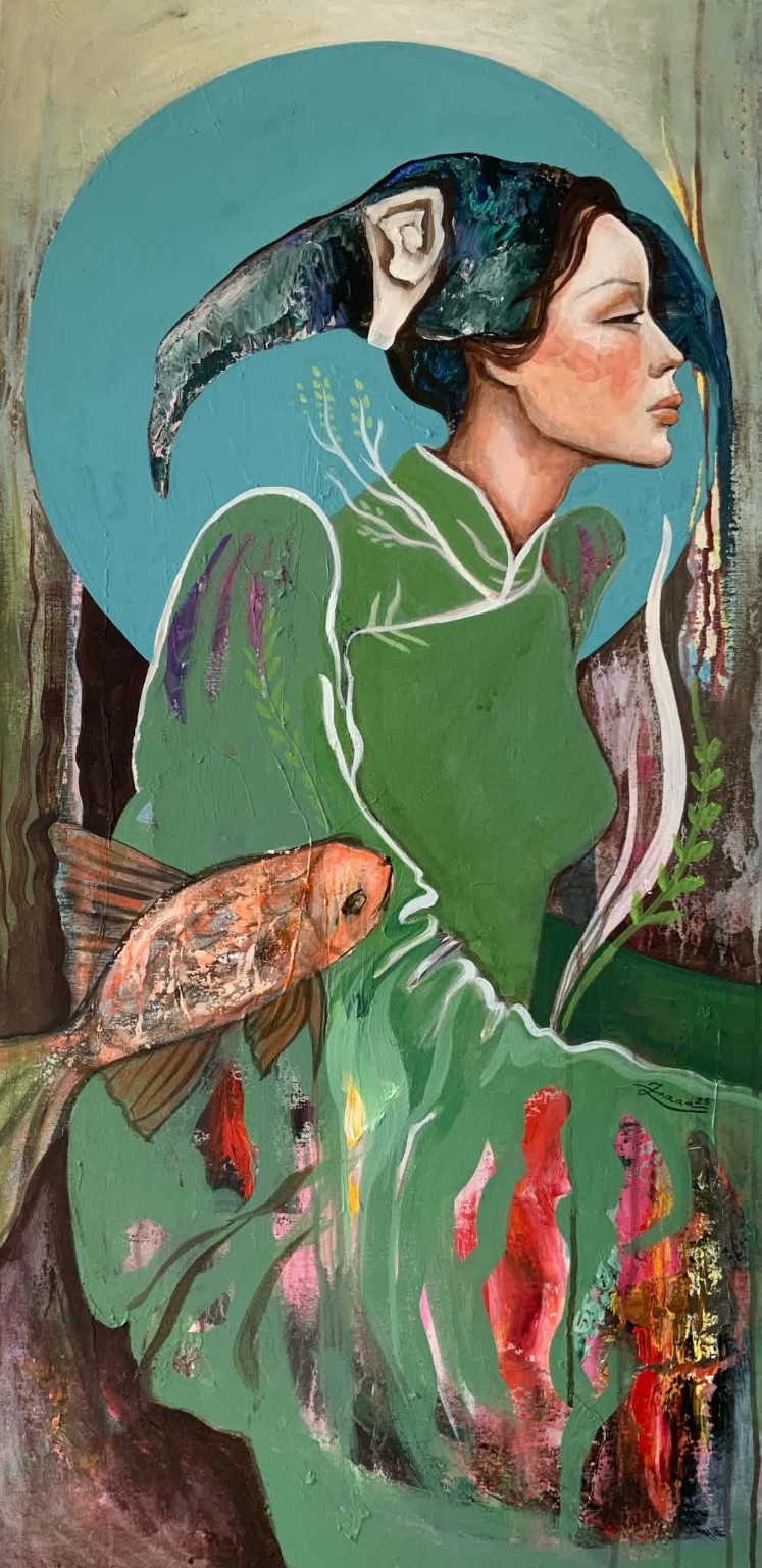 Woman in green deel-inspired form with fish and turquoise circle