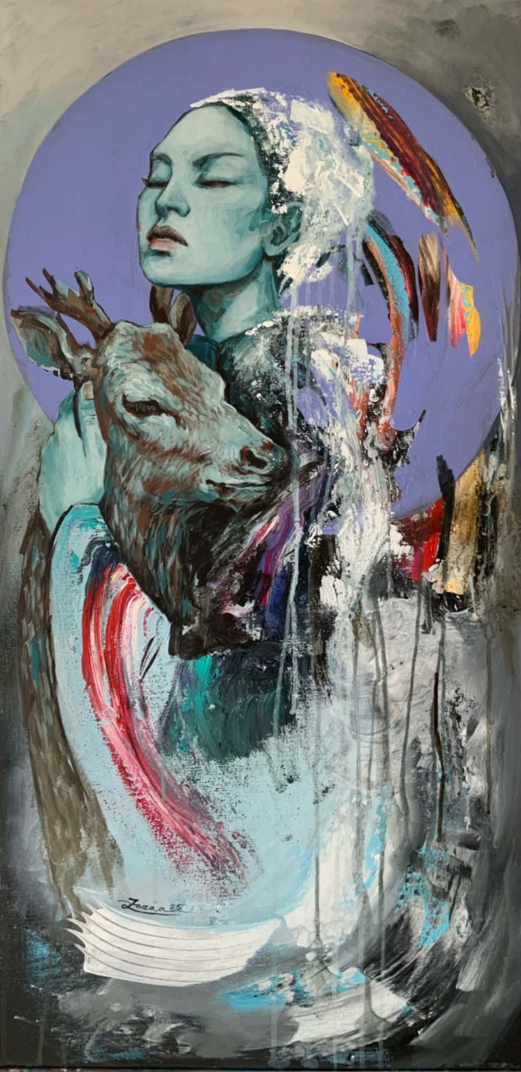 Serene woman with deer and a violet circular field