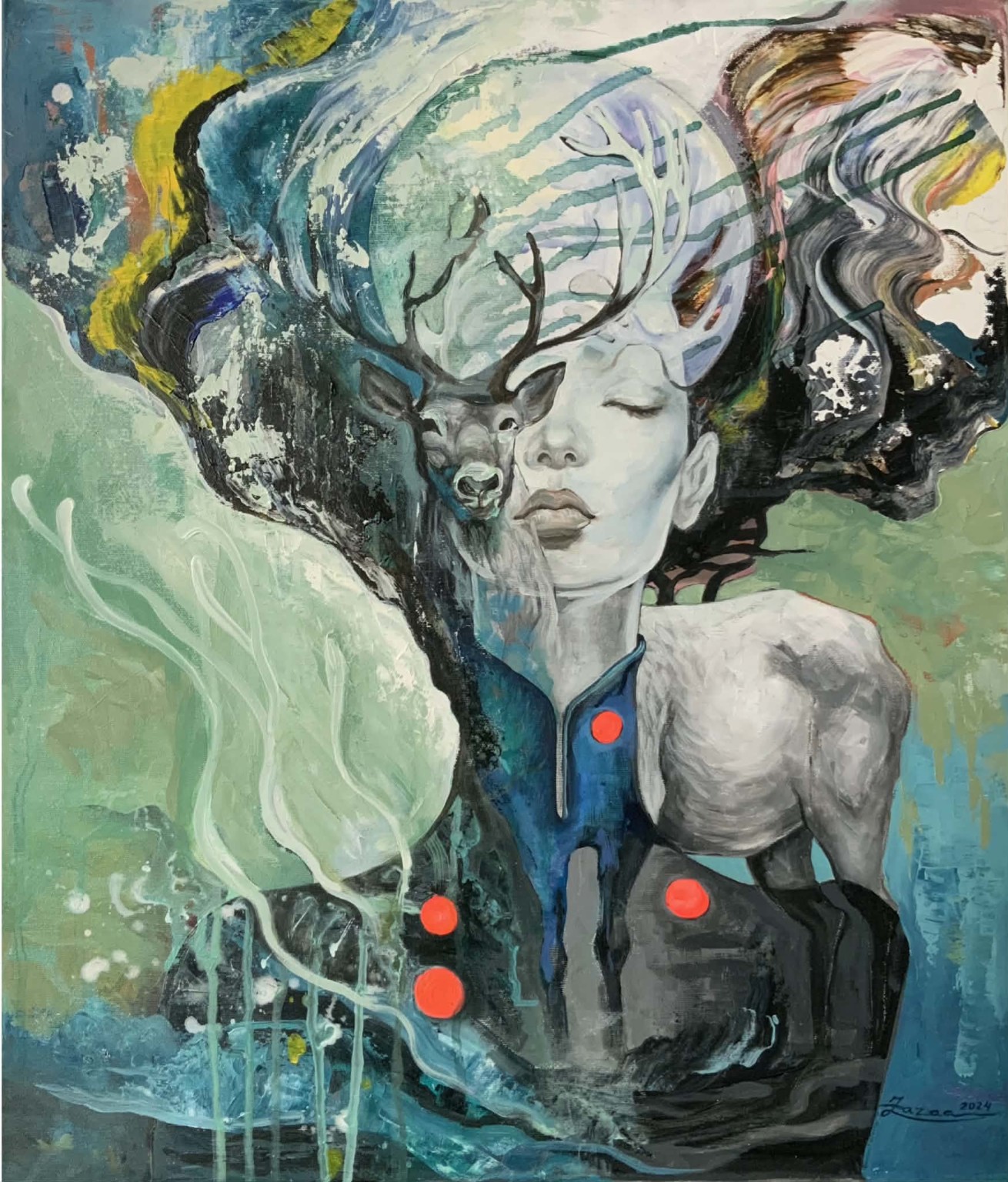 Painting with a serene woman, deer guardian, red sacred marks and teal atmosphere