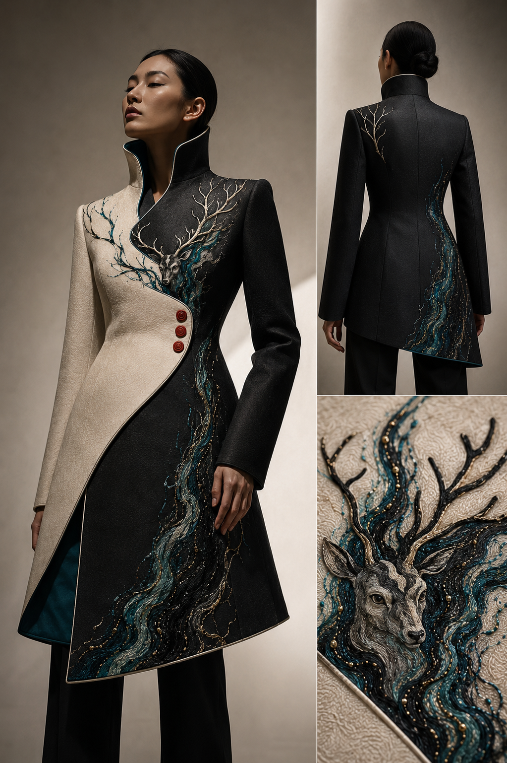 Modern Mongolian deel-inspired armor jacket with black and ivory panels and deer embroidery