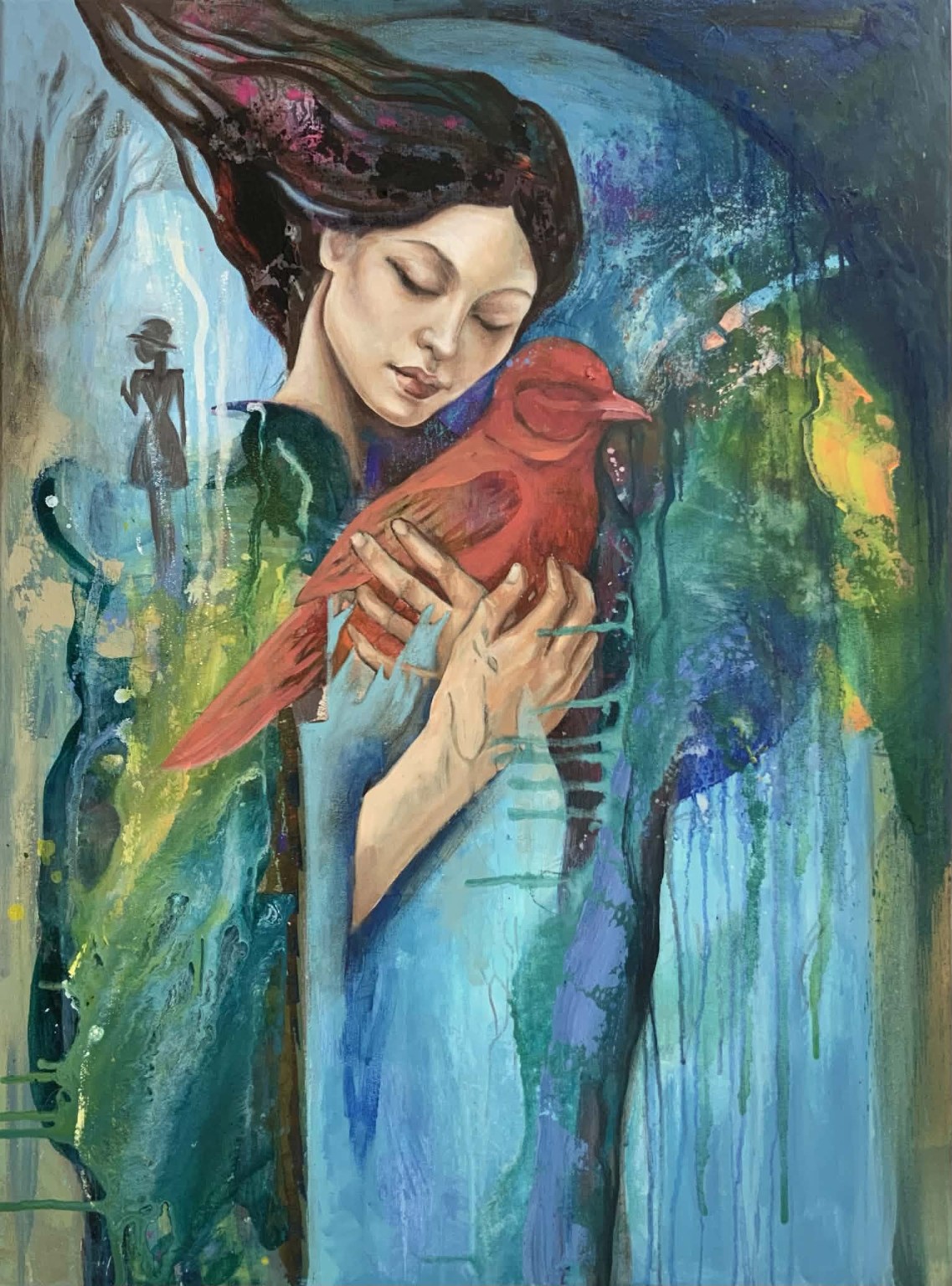 Woman holding a red bird in a blue-green atmosphere
