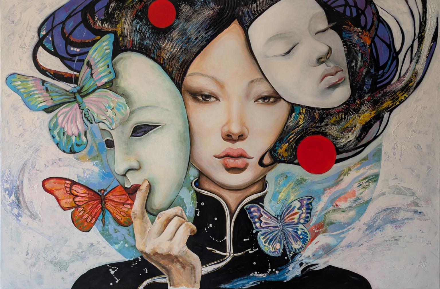 Woman with masks, butterflies and red circular signs