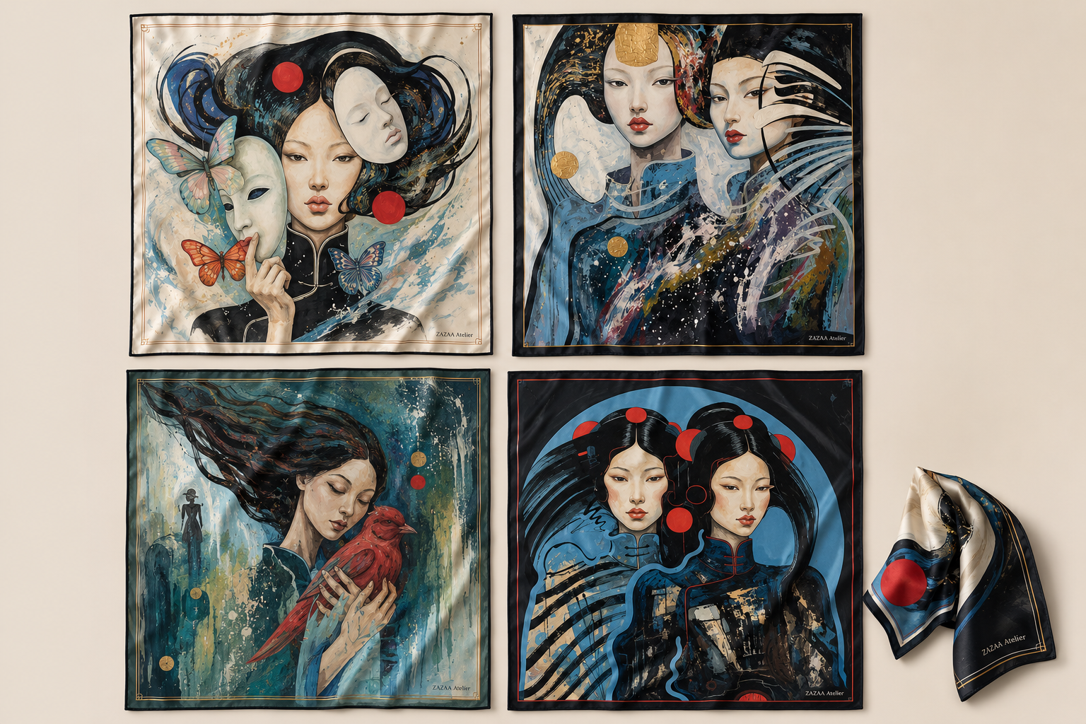 Collection board of four square silk scarf designs from ZAZAA Atelier paintings