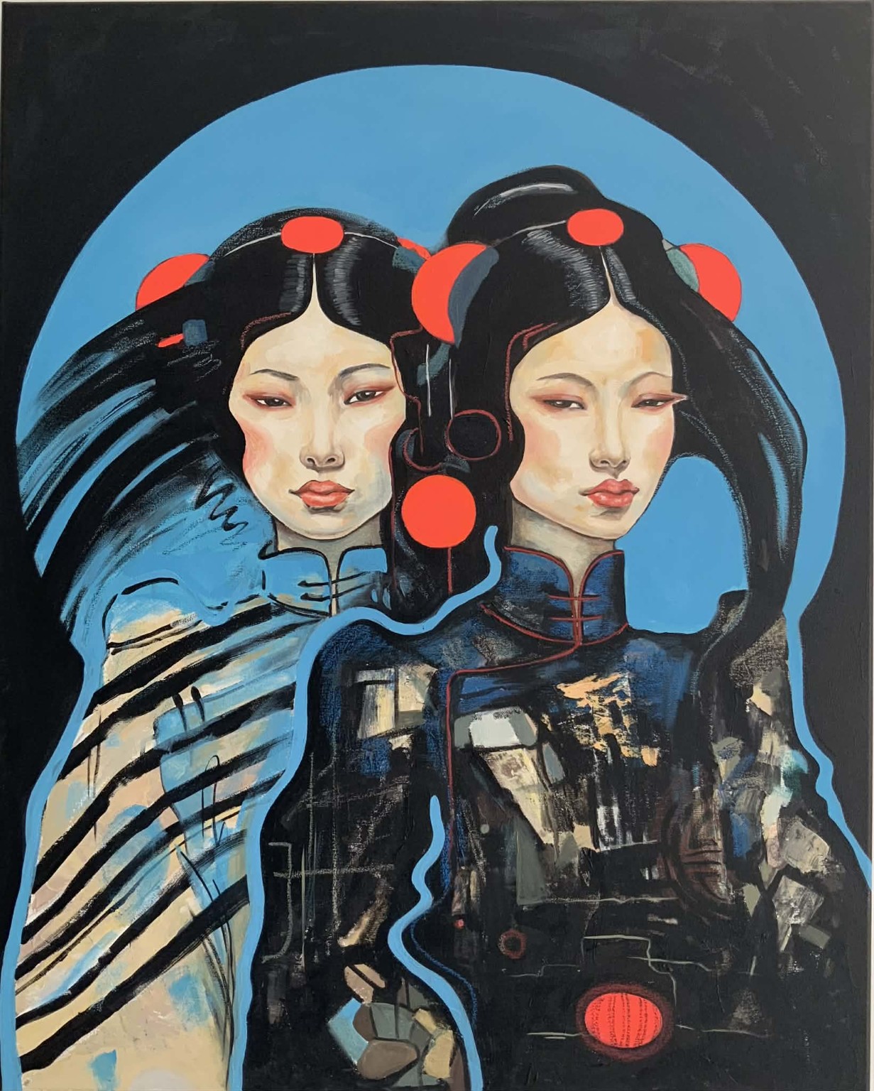 Two female figures with black hair, red circles and blue background